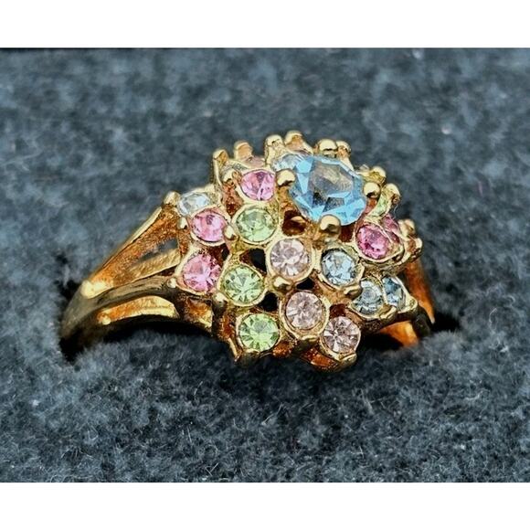 Vintage 18K Yellow GE Cluster Ring With Pastel Stones- Size 7 - Picture 1 of 4